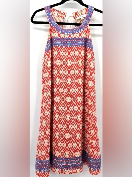 THML Dresses & Skirts - THML Coral and White Patterned Dress with Blue Embroidery